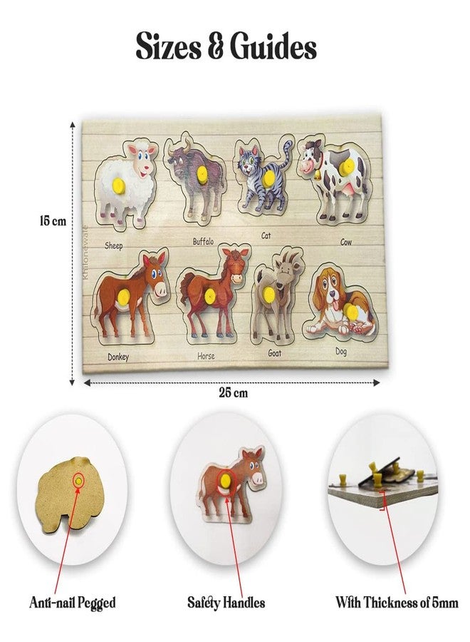 Khilonewale Kid's Wooden Puzzles Set for Toddlers 2 3 4 Years Old, Educational Puzzle Tray with knobs,Learning Aid for Boys and Girls, Kids, Students,Size 27 * 14 cm (Domestic Animal) - Image 3